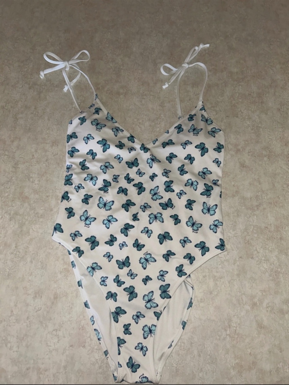 PINK Victoria's Secret White One-Piece Swimsuit with Teal Butterfly Print